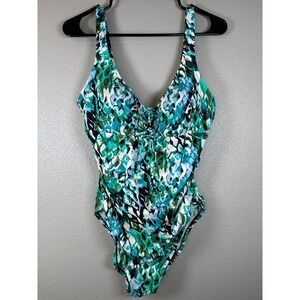 Aqua Green Abstract Print Blue One Piece Swimsuit Tummy Control Ruched Sz XL